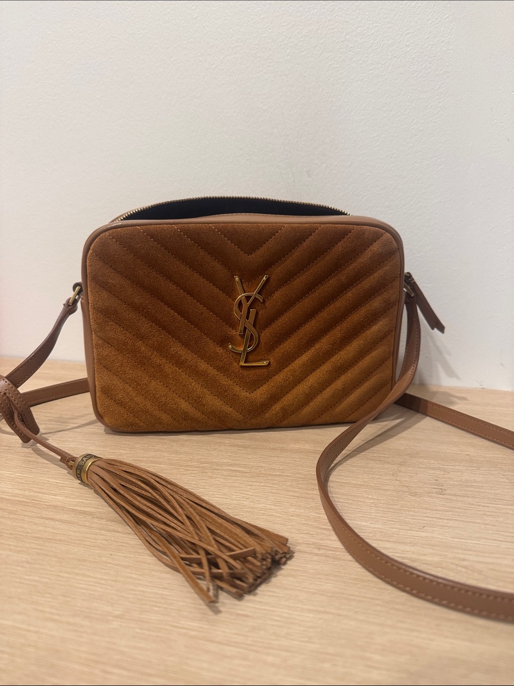 Saint Laurent Tan Suede Camera Crossbody with Gold YSL